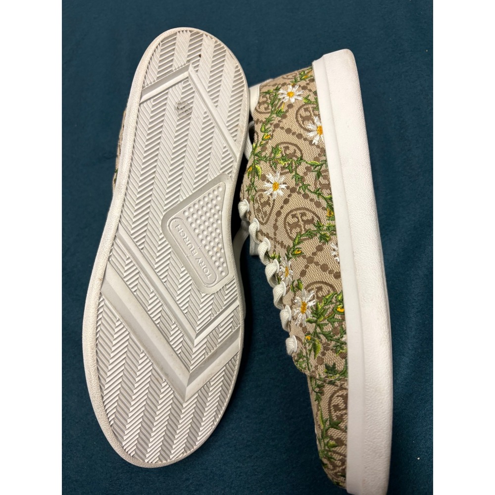 Tory Burch Howell Court T Monogram Daisy Embroidered Sneakers Beige Brown Size 9 - Picture 3 of 4